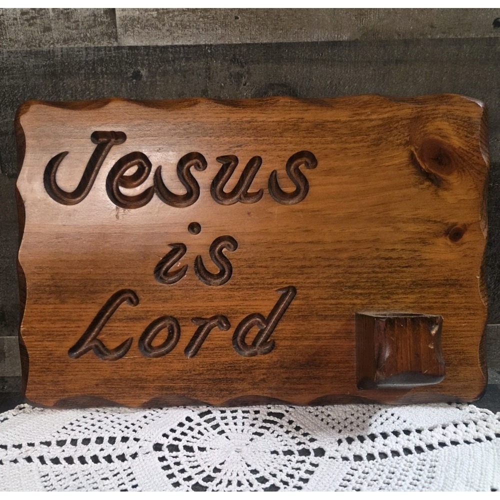 Vintage 'Jesus Is Lord' Wooden Plaque Pine 14"x 9" With Place For Candle